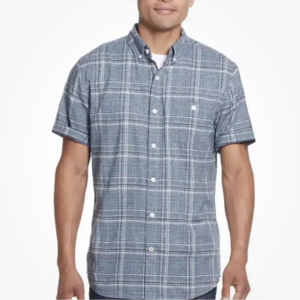 Weatherproof vtg Men’s Short Sleeve cotton linen casual button down XL plaid